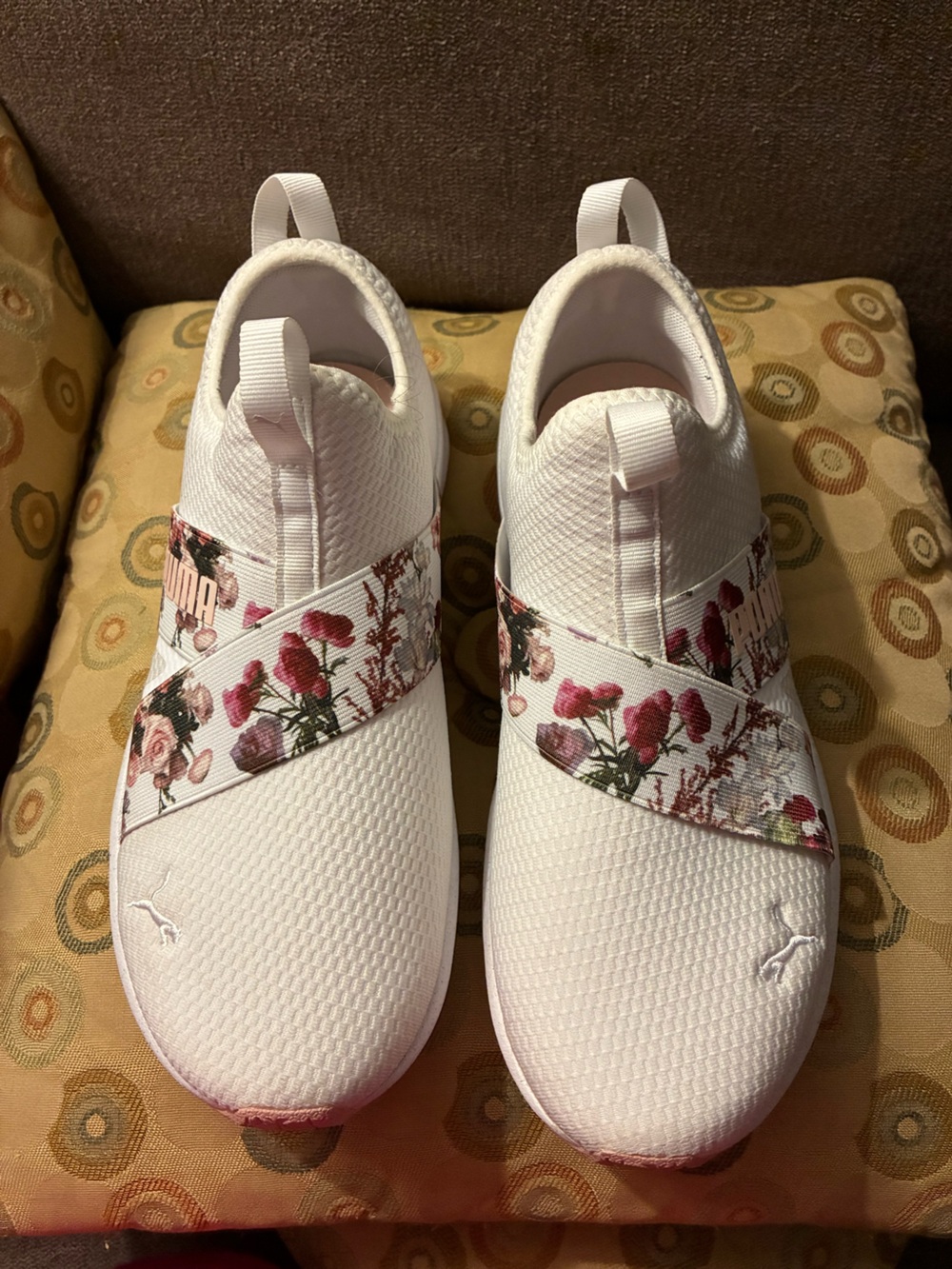Puma Women's White Slip-On Sneakers with Pink Floral Cross Strap